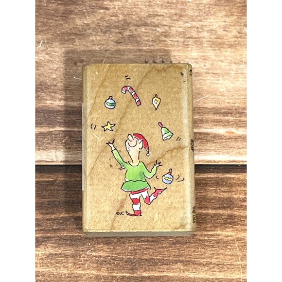 ALL NIGHT MEDIA ELF GAMES 804F WOOD MOUNT RUBBER STAMP JUGGLING BY JANET CLELAND - Picture 1 of 4